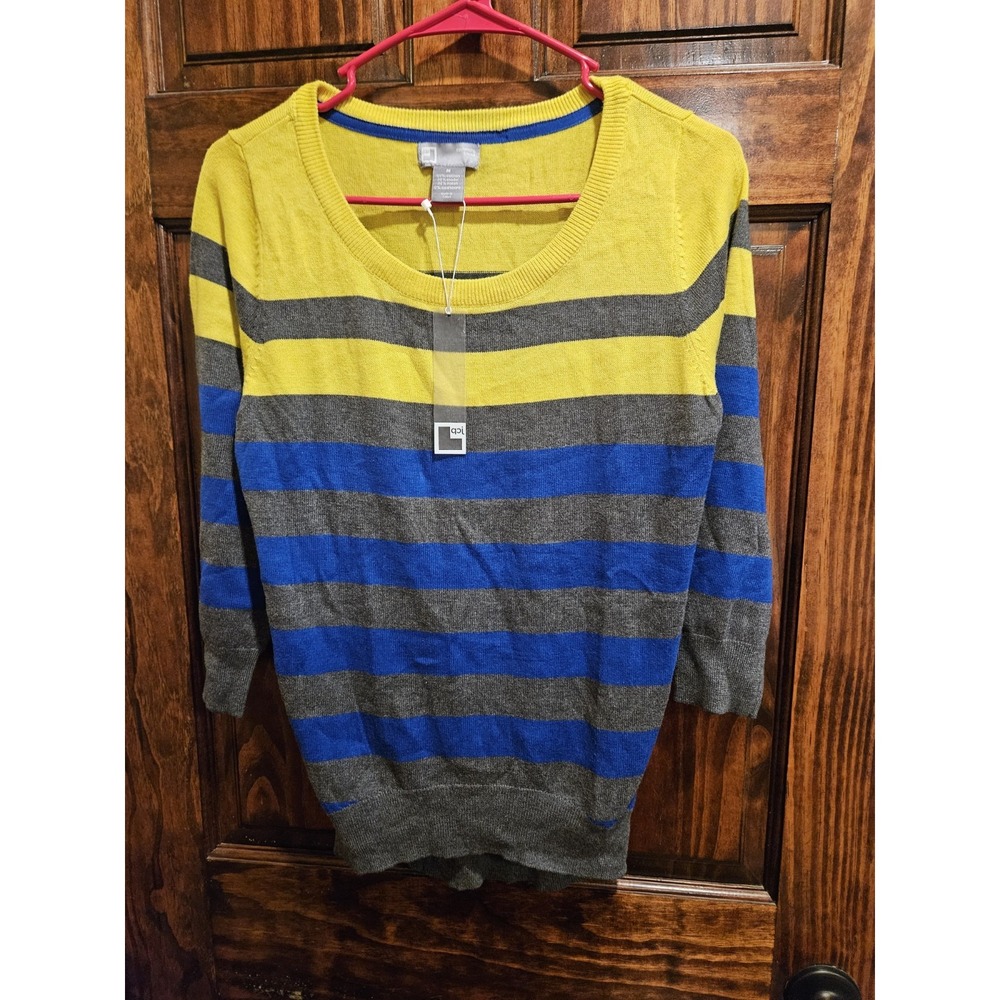JCP Women Striped Cashmere Blend Sweater Shirt Yellow Blue Grey Medium NWT